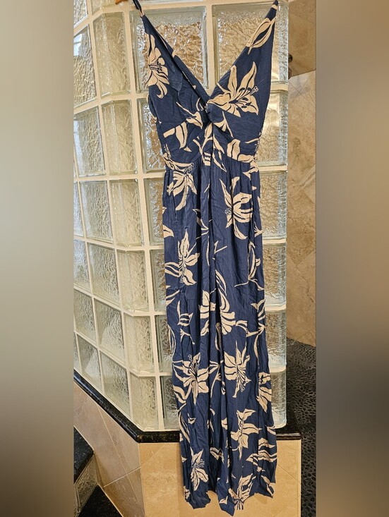 Angie Pants - Women's Navy Floral Jumpsuit - Navy & Cream - Peekaboo Cutout